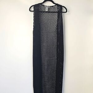 Black Net Vest Long Open Knit Crochet Maxi Vest Boho Retro 70s Hippi Flowerchild